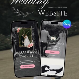 Modello per sito web di matrimonio floreale Noir Blush / Timer per il conto alla rovescia RSVP modificabile su Canva (download digitale)