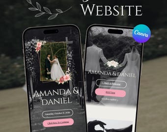Plantilla para sitio web de boda con diseño floral en tonos rosados y negros / Temporizador de cuenta regresiva para confirmación de asistencia (RSVP) editable en Canva (descarga digital)