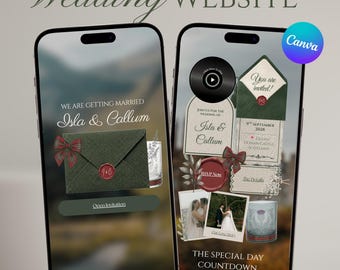 Plantilla de sitio web para bodas en las Tierras Altas de Escocia en Canva / Invitación digital editable RSVP del Castillo de Tartán Moody / Sitio web de bodas Highland Green
