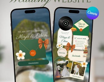Plantilla de Canva para sitio web de bodas tropicales en Bali, sitio web editable para invitaciones de boda de destino con confirmación de asistencia, invitación digital floral con hojas de palma.