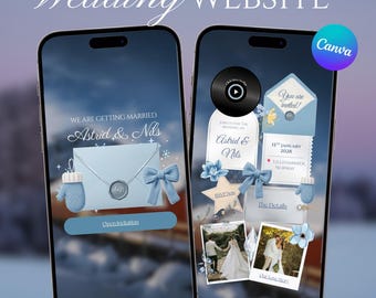 Plantilla web para bodas nórdicas de invierno, invitación digital editable en Canva, sitio web de confirmación de asistencia con estética nórdica, revelación del sobre y música.
