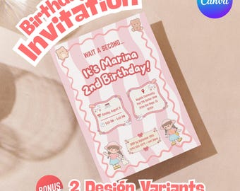 Plantilla de invitación de cumpleaños con temática de muñecas, invitación para fiesta de ositos de peluche, invitación de cumpleaños para niña, plantilla editable de Canva (descarga digital)