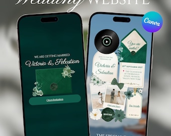 Plantilla de sitio web de boda Emerald Gold Garden, invitación digital editable en Canva, sitio web de confirmación de asistencia de lujo con revelación de sobre y música.
