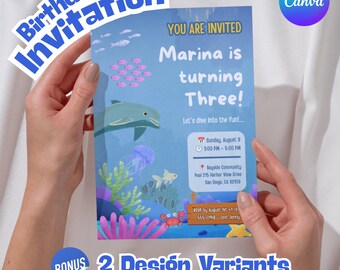 Invitación de cumpleaños con temática submarina, invitación para fiesta de delfines y ballenas, plantilla editable de Canva (descarga digital)