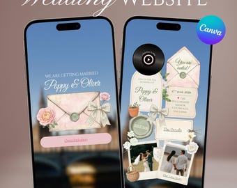 Plantilla de sitio web para bodas en un jardín inglés, invitación digital editable en Canva, sitio web de confirmación de asistencia en rosa pastel con revelación del sobre.