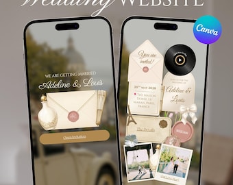 Plantilla de sitio web de boda parisina vintage, invitación digital editable en Canva, sitio web de confirmación de asistencia en color marfil y dorado con revelación del sobre.