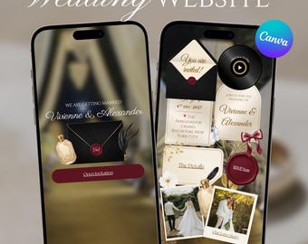 Plantilla web de boda "Midnight Glam", invitación digital editable en Canva, sitio web de confirmación de asistencia en negro y dorado con revelación de sobre y música.