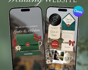 Plantilla web para boda alpina bávara / Invitación digital de chalet invernal en Canva / Revelación del sobre, confirmación de asistencia y cuenta regresiva / Descarga instantánea