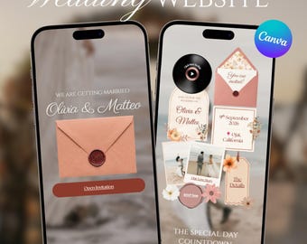 Plantilla web de boda estilo bohemio con diseño de puesta de sol en terracota / Página web de boda editable en Canva con confirmación de asistencia y temporizador de cuenta regresiva / Invitación de boda digital