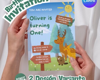 Invitación de cumpleaños con temática de bosque, plantilla editable de Canva, fiesta de animales del bosque con ciervos (descarga digital)