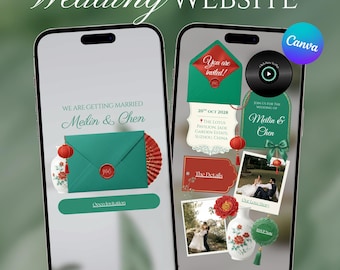 Plantilla de sitio web de boda estilo chinoiserie Jade Garden / Invitación digital Peony Canva / Revelación de sobre, confirmación de asistencia y cuenta regresiva / Descarga instantánea