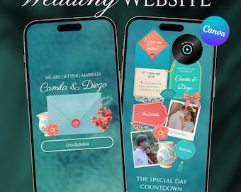 Plantilla web para bodas en La Habana, Cuba / Invitación digital vintage tropical en Canva / Revelación del sobre, confirmación de asistencia y cuenta regresiva / Descarga instantánea
