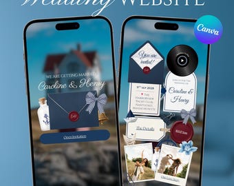 Plantilla de sitio web para bodas náuticas de Nueva Inglaterra, invitación digital editable en Canva, sitio web de confirmación de asistencia en azul marino con revelación del sobre.