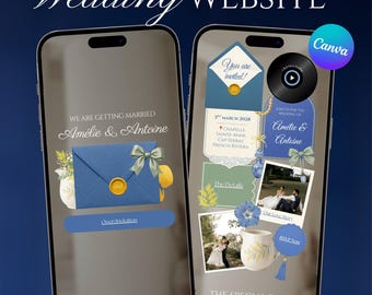 Plantilla de sitio web de boda French Mimosa Riviera / Invitación digital Canva con diseño floral amarillo / Revelación del sobre, confirmación de asistencia y cuenta regresiva (descarga instantánea)