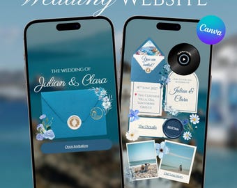 Plantilla web para bodas en la costa del Egeo, invitación digital editable en Canva, sitio web de confirmación de asistencia en azul Santorini con revelación de sobre y música.