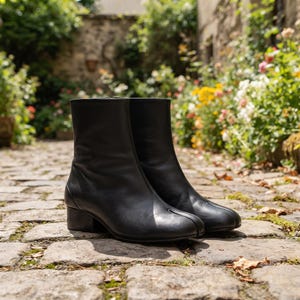 Handmade Black Leather Tabi Ankle Boots, Japanese Split Toe Fashion