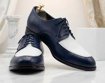 Handmade Navy Blue White Spectator Oxford Leather Dress Shoes