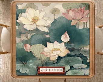 Mahjong Mat, Chinoiserie Lotus Pond Table Cover, Mahjong Gift with Size Thickness Edge Options