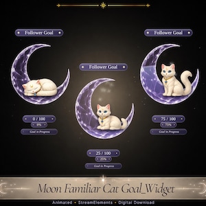 Könnte beinhalten: Drei digitale Follower-Ziel-Widgets mit weißen Katzen auf violetten Mondsicheln. Jedes Widget zeigt den Text Follower Goal, Fortschrittsbalken mit Prozentangaben und den Text Goal in Progress. Der untere Text lautet Moon Familiar Cat Goal_Widget.