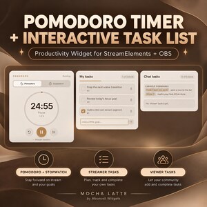 Può includere: Un widget di produttività digitale per StreamElements e OBS con un timer Pomodoro, un elenco di attività e un'interfaccia per le attività della chat. L'interfaccia mostra un timer 24:55, caselle di controllo e esempi di comandi in beige.