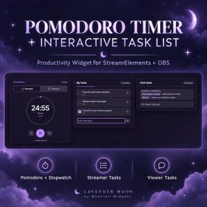 May include: A digital Pomodoro timer and interactive task list widget for StreamElements and OBS. The interface features a dark purple theme with a countdown clock, a task management section, and chat task integration with example commands.