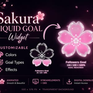 May include: A digital Sakura Liquid Goal Widget for streaming, featuring a pink cherry blossom graphic that fills as goals progress. Text includes Sakura Liquid Goal Widget, Customizable, Colors, Goal Types, Effects, Followers Goal, and Goal Reached.