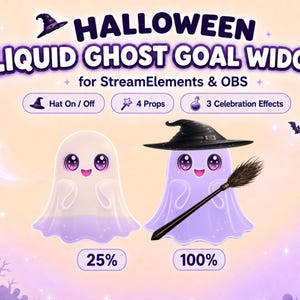Pode incluir: Um widget digital Halloween Liquid Ghost Goal para StreamElements e OBS. O gráfico mostra dois fantasmas fofos com grandes olhos roxos, um em 25% e outro em 100% com chapéu de bruxa e vassoura. Inclui opções para chapéu, adereços e efeitos.
