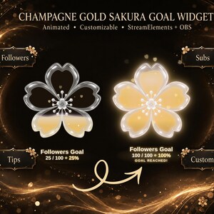 May include: Champagne gold Sakura goal widget with animated and customisable features for StreamElements and OBS. The graphic displays two cherry blossom icons, one partially filled and one fully filled, with text labels for followers, subs, tips, and custom.