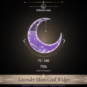 Puede incluir: Un widget digital de objetivo de seguidores con una gran luna creciente púrpura brillante con una textura geométrica de alambre. La pantalla incluye el texto Follower Goal, 75 / 100, 75%, Goal in Progress y Lavender Moon Goal_Widget abajo.