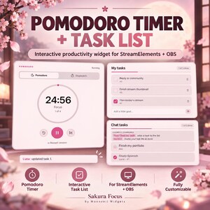 Peut inclure: Un widget numérique de minuteur Pomodoro et de liste de tâches pour StreamElements et OBS. L'interface comprend un minuteur de concentration, une section de gestion des tâches et une intégration des tâches de chat, le tout dans des tons roses.