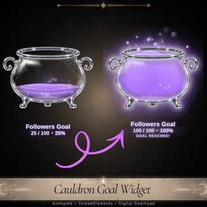 May include: Two digital cauldron graphics with purple liquid. The left cauldron shows a 25/100 followers goal, while the right cauldron is filled with glowing purple liquid and shows a 100/100 goal reached. A pink arrow points between them.