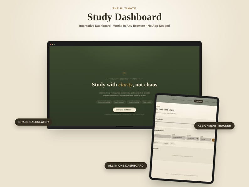 May include: A digital study dashboard displayed on a computer monitor and tablet screen. The interface features dark green and cream tones with text including The Ultimate Study Dashboard, Study with clarity, not chaos, Grade Calculator, and Assignment Tracker.