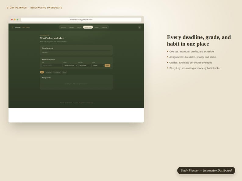 May include: A digital study planner interactive dashboard interface displayed on a screen. The dark green layout features sections for courses, assignments, grades, and a study log. Text reads: Every deadline, grade, and habit in one place.