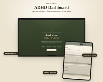 May include: A digital ADHD Dashboard displayed on a computer monitor and tablet screen. The interface features a dark green background with white text reading The Ultimate ADHD Dashboard, Small steps, less overwhelm, Brain Dump Tool, and Micro-Step Tasks.