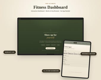 May include: A digital fitness dashboard displayed on a computer monitor and a tablet. The screen shows the text The Ultimate Fitness Dashboard, Show up for yourself, and Enter your dashboard. Labels point to features including Workout Log, Progress Tracker, and All-in-one Dashboard.