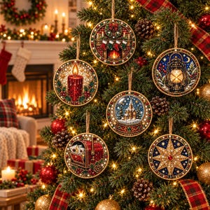 May include: Six round Christmas ornaments hanging on a tree. Designs include a fireplace with stockings, a lit candle, a lantern, a snow globe with a church, a mailbox filled with letters, and a large star. Each ornament features intricate beadwork.