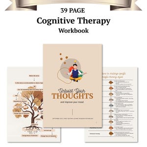 May include: A 39-page cognitive therapy workbook titled Untwist Your Thoughts and improve your mood. The cover features a person sitting in a lotus position with a lightbulb above their head. Includes internal pages with a worry tree diagram.