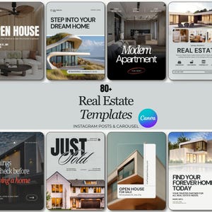 Op de afbeelding: Een verzameling van meer dan 80 social media sjablonen voor onroerend goed met diverse woningadvertenties, moderne huisfotografie en opvallende typografie. De ontwerpen bevatten tekstoverlays zoals Open House, Just Sold en Real Estate in een raster.