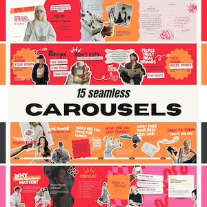 Op de afbeelding: Een digitale marketing-sjabloonset getiteld 15 seamless CAROUSELS met een collage van lifestyle-fotografie, gedurfde rode en oranje grafische vormen, handgeschreven typografie en instructieve tekst voor sociale media.