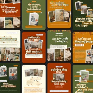 Peut inclure: Une collection de douze modèles numériques pour réseaux sociaux présentant des graphismes sur le thème des livres, des superpositions de texte et des images de couvertures de livres dans une palette de couleurs automnales orange, marron et vert.