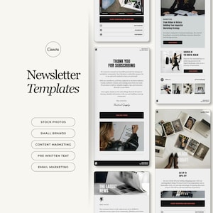 Può includere: Una visualizzazione digitale di modelli di newsletter Canva con sfondo bianco e testo nero. Il layout include pulsanti per foto stock, piccoli marchi, content marketing, testo pre-scritto ed email marketing insieme a vari esempi di design.