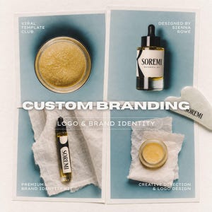 Peut inclure: Un kit de branding présentant quatre images carrées avec le texte CUSTOM BRANDING et LOGO & BRAND IDENTITY. Les articles incluent un pot de gommage jaune, un flacon compte-gouttes d'huile SOREMI, un flacon à bille et un outil gua sha.