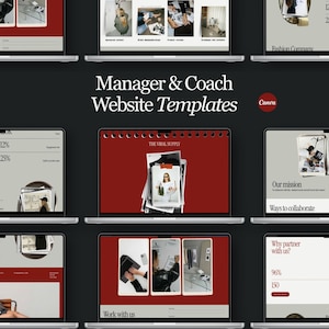 Könnte beinhalten: Eine digitale Anzeige von Manager & Coach Website-Vorlagen mit mehreren Laptop-Bildschirmen und verschiedenen Layouts. Die Designs verwenden eine Farbpalette aus Dunkelrot und Hellgrau und zeigen Fotografien, Textabschnitte und das Canva-Logo.