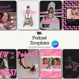 Puede incluir: Una colección de más de 100 plantillas de podcast para publicaciones e historias de Instagram, con varios diseños en esquemas de color rosa y negro, tipografía y marcadores de posición para imágenes, incluyendo texto como Episode Highlights.