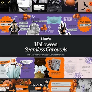 以下が含まれることがあります： 紫、オレンジ、黒の配色を特徴とする、Canva用のハロウィーンInstagramシームレスカルーセルスライドテンプレートのデジタルコレクション。グラフィックには、カボチャ、幽霊、魔女、お化け屋敷、ブランディング用のテキストオーバーレイが含まれています。
