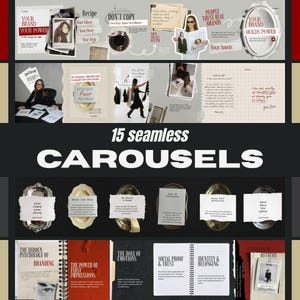 Op de afbeelding: Een digitale collectie van 15 naadloze social media carrousel-sjablonen met een collage-esthetiek in neutrale tinten, rode accenten, diverse typografie, papiertexturen, vintage-stijl kaders en branding-gerichte tekstoverlays.