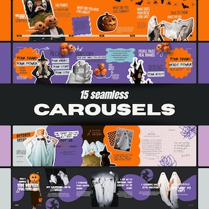 Könnte beinhalten: Eine digitale Sammlung von 15 nahtlosen Social-Media-Karussell-Vorlagen im Halloween-Design mit orangefarbenen und violetten Hintergründen. Die Designs enthalten Geisterfiguren, Kürbisse, Hexenhüte und Text-Overlays über Branding und Storytelling.