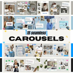 Può includere: Un collage digitale di 15 caroselli fluidi con varie fotografie lifestyle, elementi di interfaccia per social media, sovrapposizioni di testo e icone. Il layout include diversi pannelli con toni blu tenui e neutri, che mostrano immagini di persone e attività quotidiane.