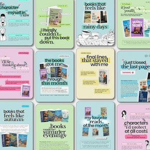 Könnte beinhalten: Ein Raster aus zwölf digitalen Social-Media-Vorlagen mit buchbezogenen Grafiken, pastellfarbenen Hintergründen und verschiedenen Texteinblendungen, darunter Phrasen wie books that feels like rainy days, monthly wrap-up und characters I'd protect at all costs.