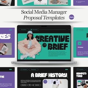 May include: A digital collection of Social Media Manager Proposal Templates featuring a laptop screen displaying a Creative Brief slide with a person in a peach suit, alongside various purple and teal slide layouts with bold typography.
